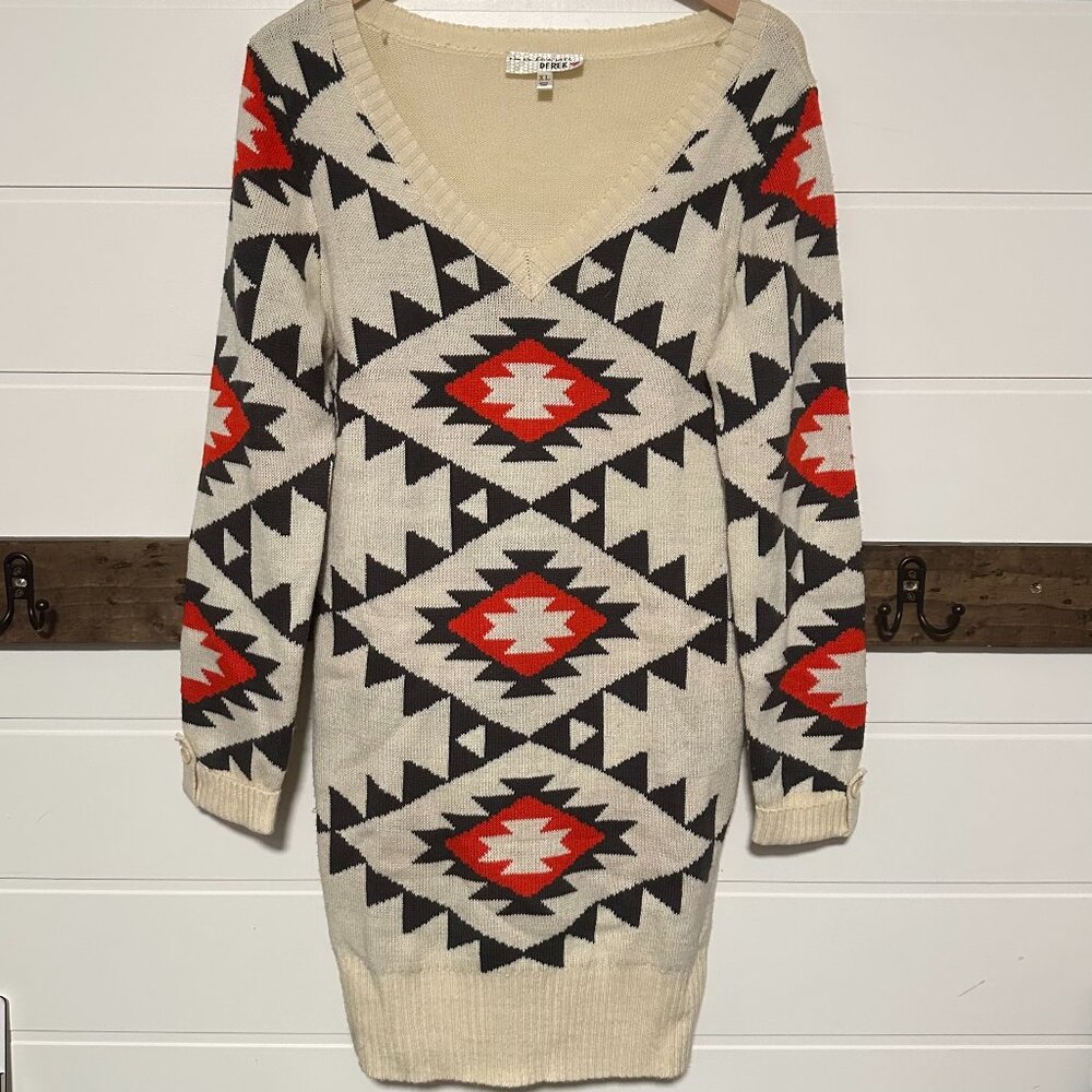 Derek Heart Aztec Sweater Dress | XL | Cream Black Red